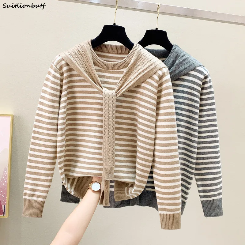 

Женский трикотажный пуловер в полоску, с круглым вырезом и длинным рукавом