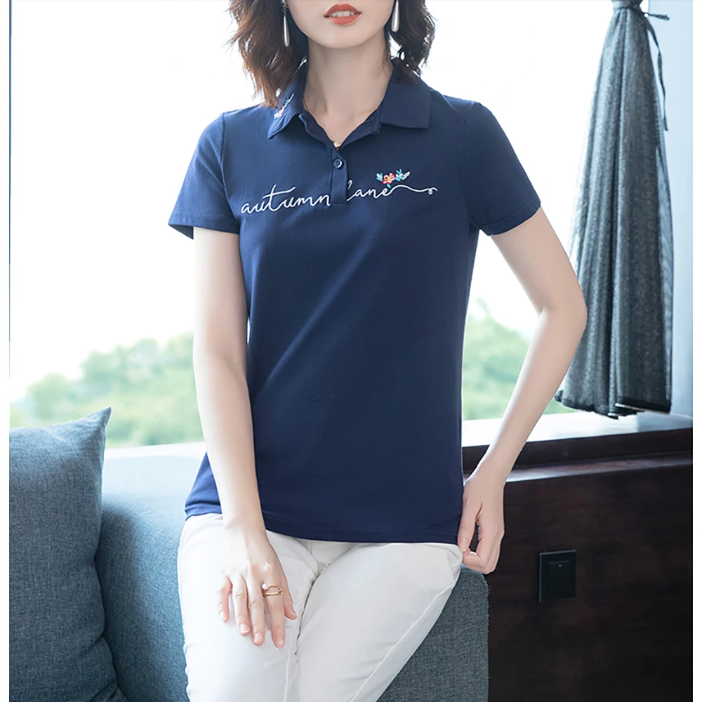 Рубашка поло женская с вышивкой Повседневный хлопковый топ коротким рукавом