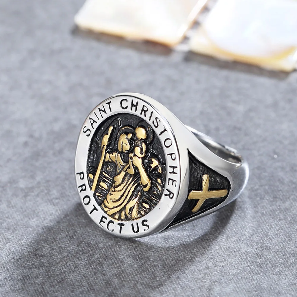 

Vintage Stainless Steel Saint Chris Topher Men Ring Punk Biker Christian Virgin Mary Cross Ring Amulet Fashion Jewelry Gift