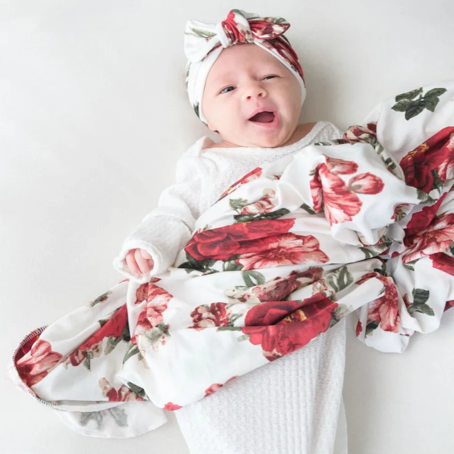 

Baby Wrap Cloth Newborn Rabbit Ears Printed Blanket Towel Hat Set