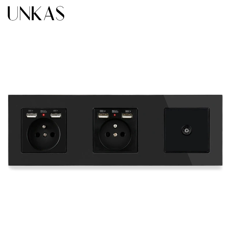 Двойная французская стандартная розетка со стеклянной панелью UNKAS с 4 USB портами