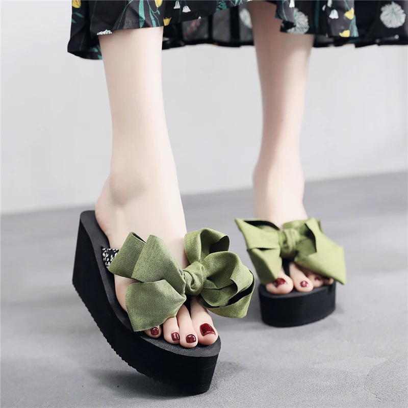 

Shoes Women Butterfly-Knot Ladies' Slippers Luxury Slides Rubber Flip Flops Heeled Mules Platform On A Wedge Shale Female Beach