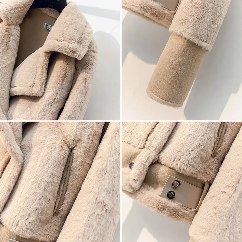 

Hstar Winter Faux Lamb Leather Jacket Turndown Collar Zipper Punk Loose Overcoat Female Warm Thick With Belt Plush Outerwear