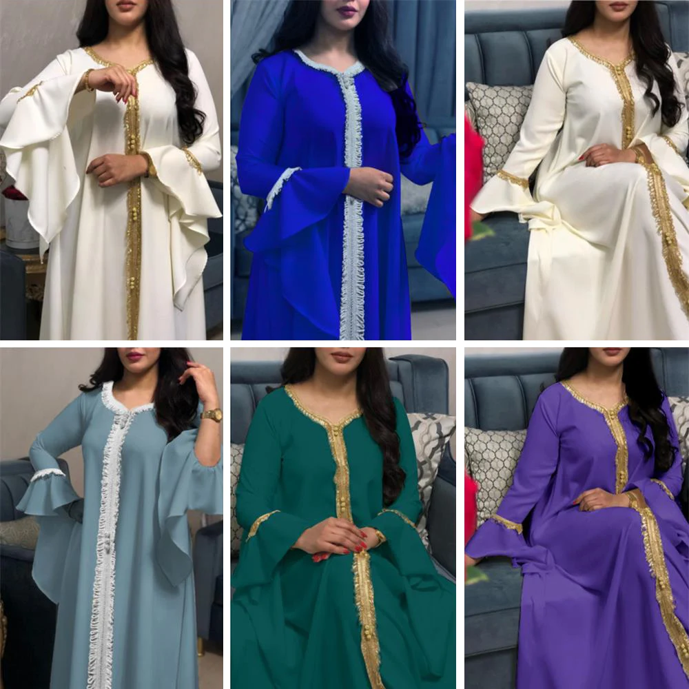 

2021 Jalabiya Kaftan Dress for Women Dubai Turkey Golden Ribbon Embroidery Loose Muslim Arabic Islamic Clothing White