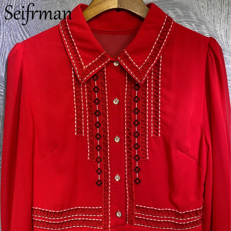 

Seifrmann Summer Women Fashion DesignerParty A-Line Dress Hollow Out Lantern Sleeve Solid Printed Ladies Midi Dresses vestidos