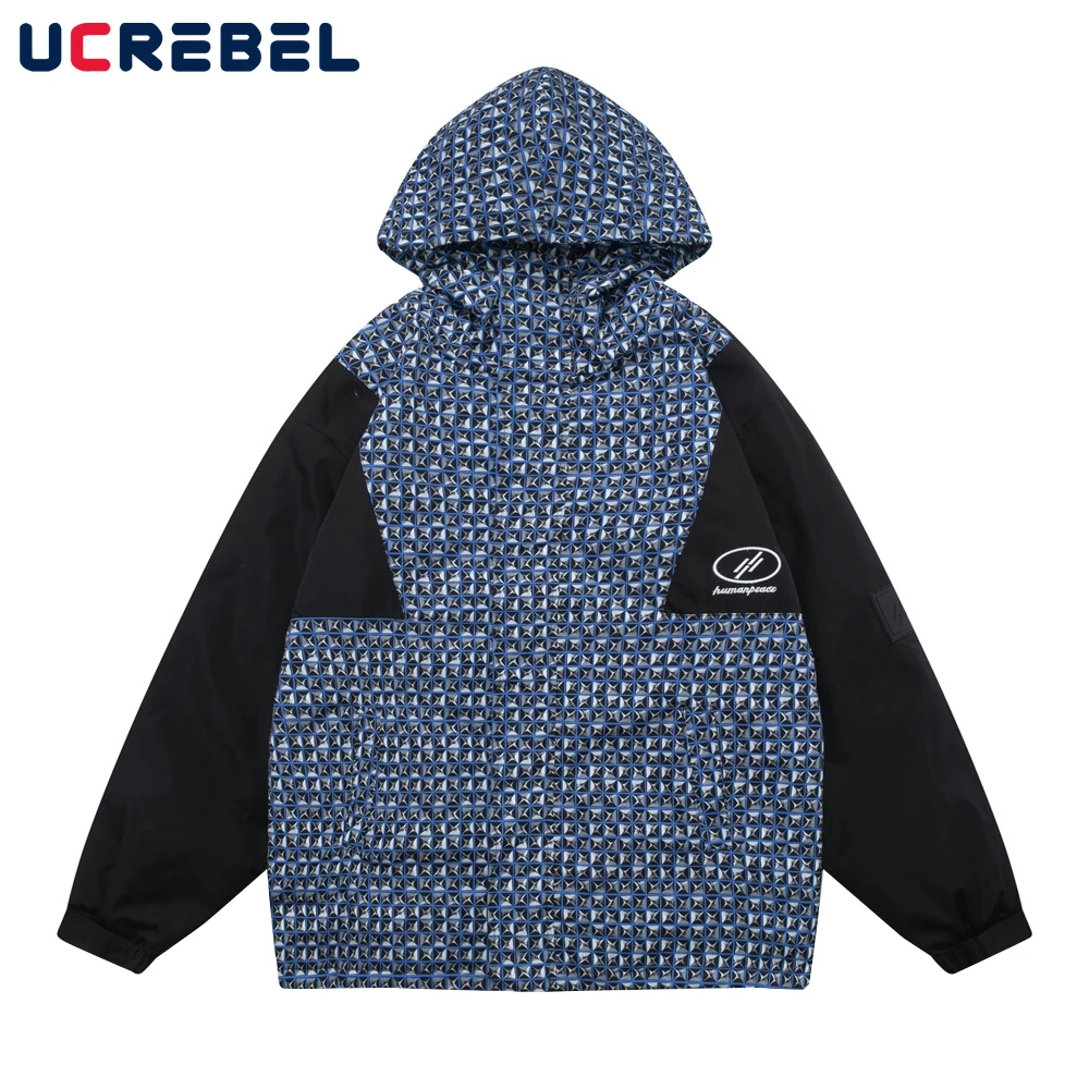 

Patchwork Plaid Quilted Jacket Mens Winter Streetwear Loose Thick Hoodies Jacket Contrast Paneled Outerwear Men