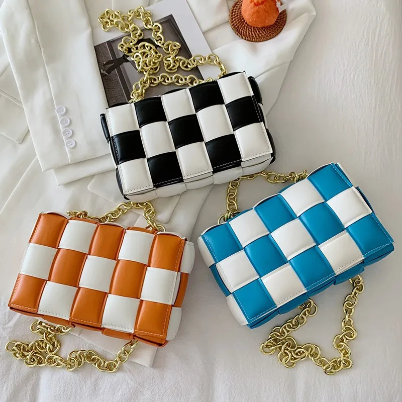 

Women's Fashion Shoulder Bag New Lady's PU Crossbody Woven Plaid Metal Chain Handbag Fashion Female Messenger Bag