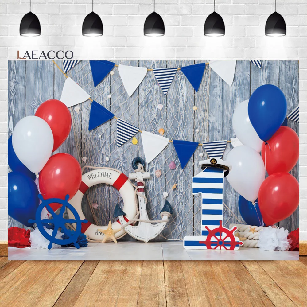 

Laeacco Nautical Themed Birthday Background Blue Wood Board Balloon Kids Child Portrait Photography Backdrop For Photo Studio