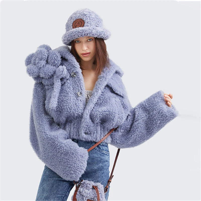 Imitation lamb wool jacket women 2021 autumn winter new fashion 3D decoration thick warm plush short jacket female faux fur coat
