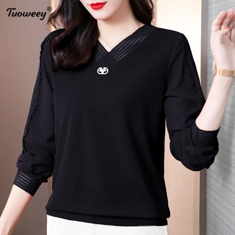 

2021 autumn style V neck hollow out Women Blouse Shirt Plus Size black Womens Tops and Blouses Blusas Camisas Mujer L-5XL