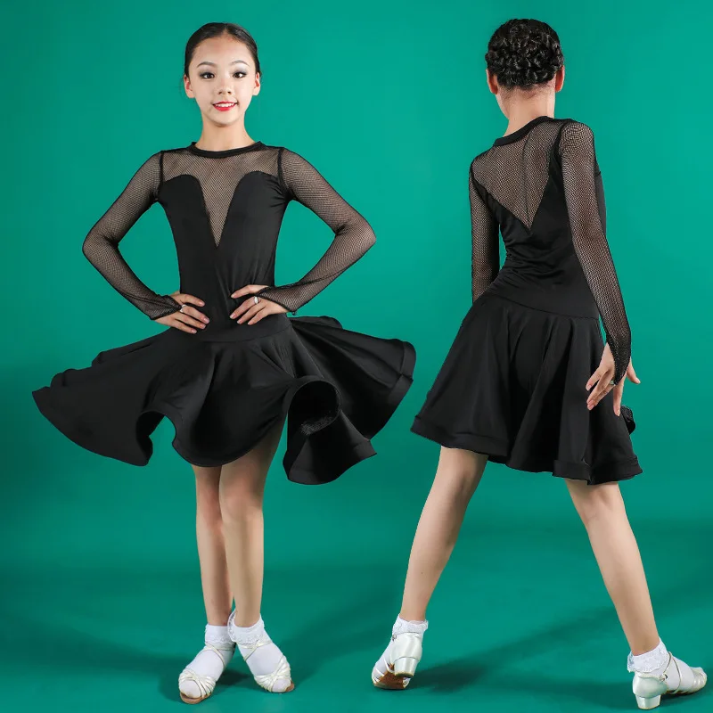 

Платье для девочек, с длинным рукавом, однотонное черное, для латинских танцев