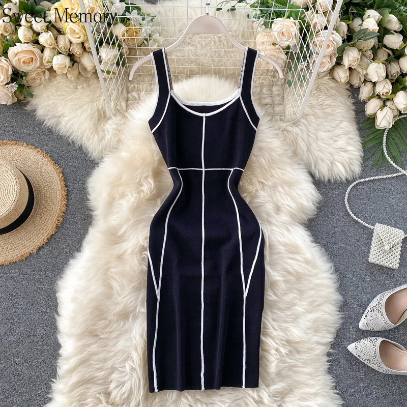 

Sweet Memory White Red Burgandy Robe 2021 Dress Women Vintage Knit Stretch Dresses Sexy Contrast Sleeveless Bodycon Vestidos