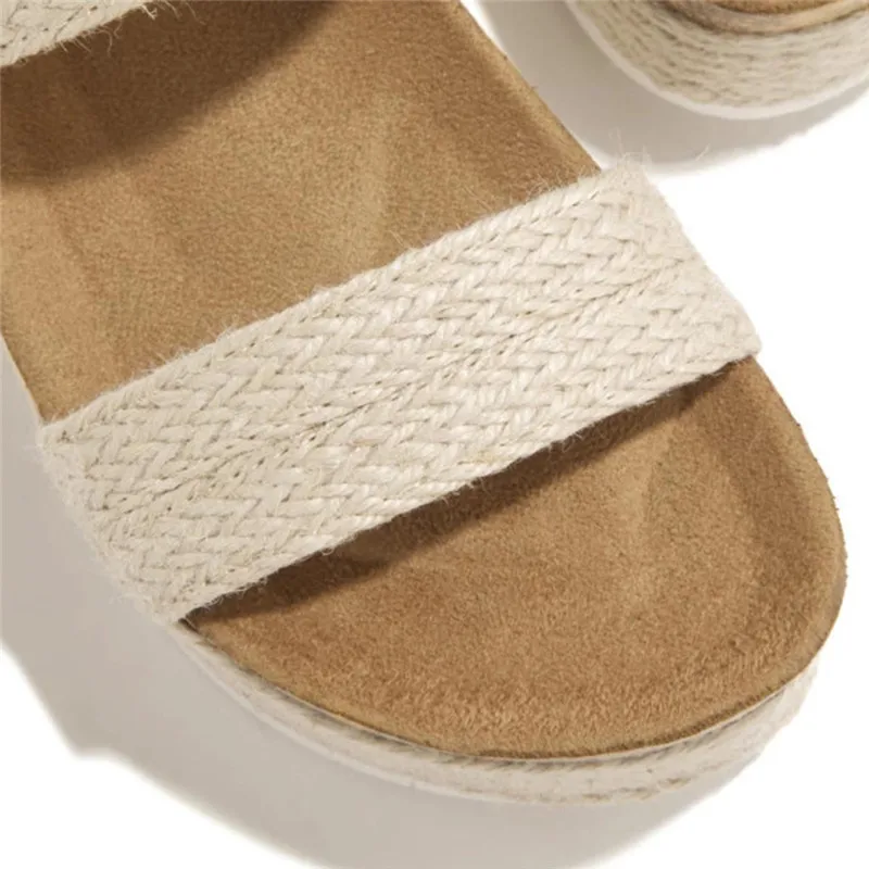 Босоножки женские льняные на танкетке сандалии с ремешками и пряжками богемные