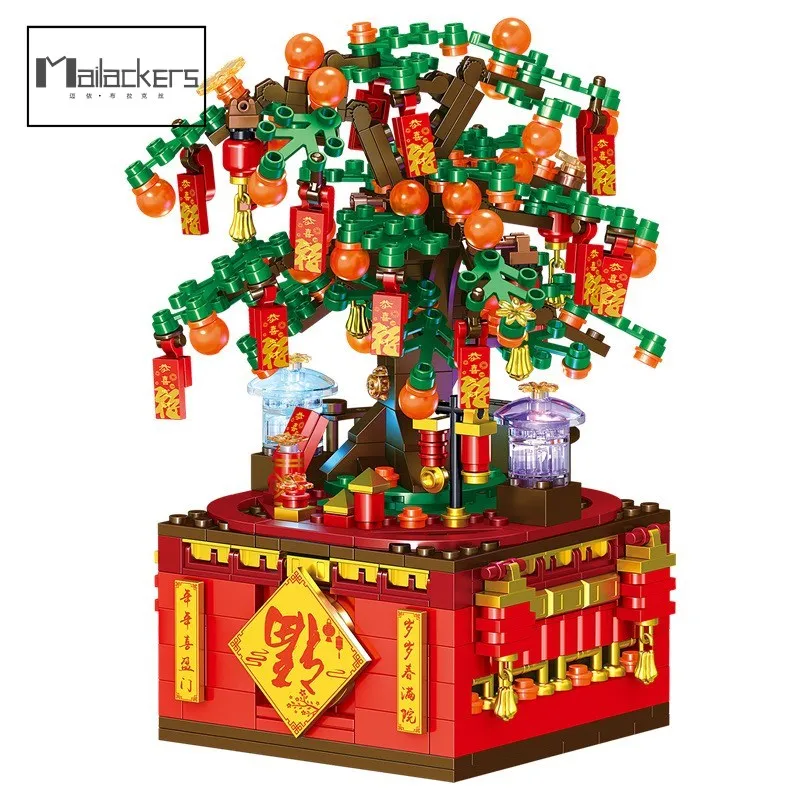 

MOC Idea Chinese New Year Orange Tree Building Blocks Fortune Tree Music Musical Box Creativity Kids Toys Spring Festival Gift