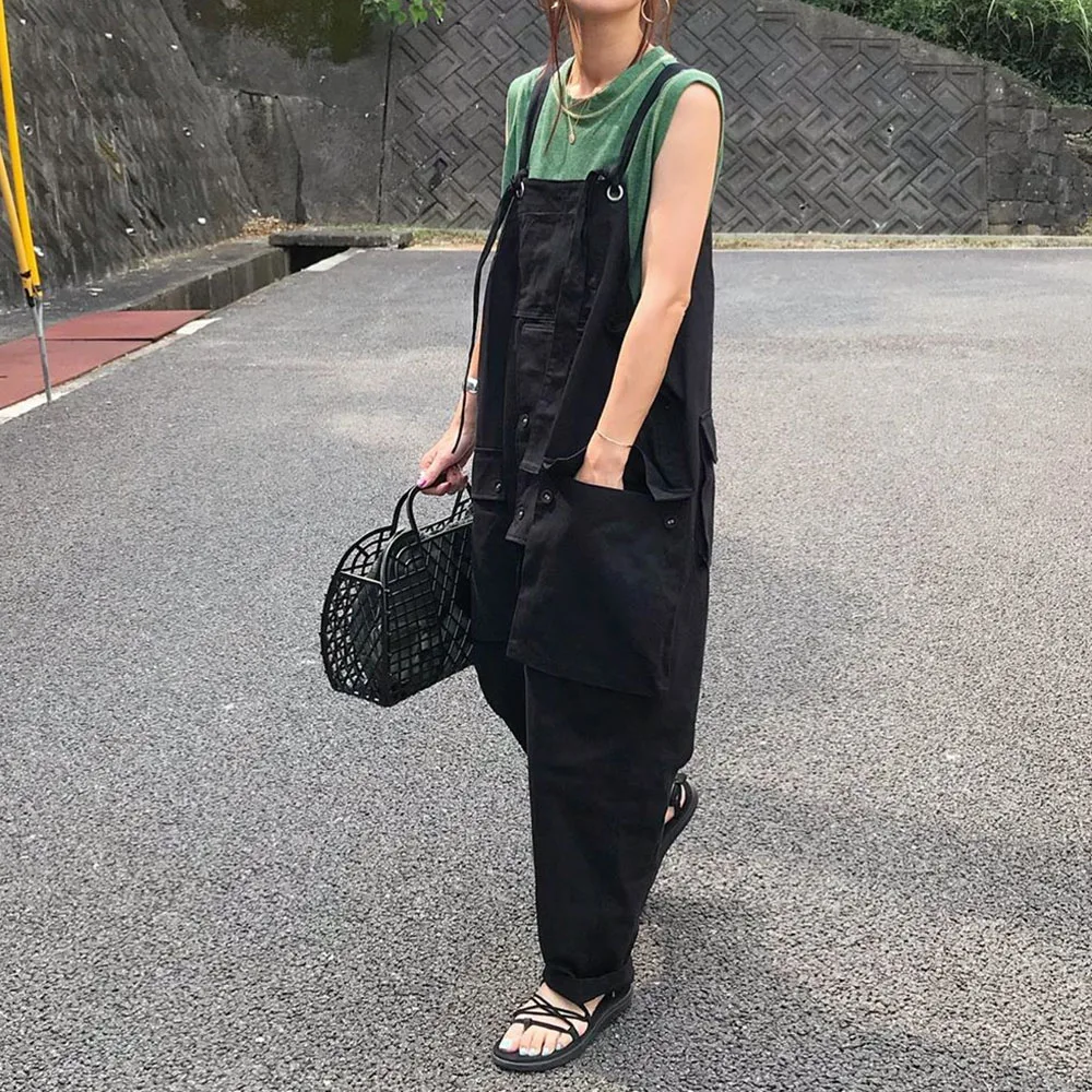 

Women Oversize Loose Jumpsuits Summer Spring 2021 Leisure Wide Legs Overalls Japan Style Punk Streetwear Pants Solid Color