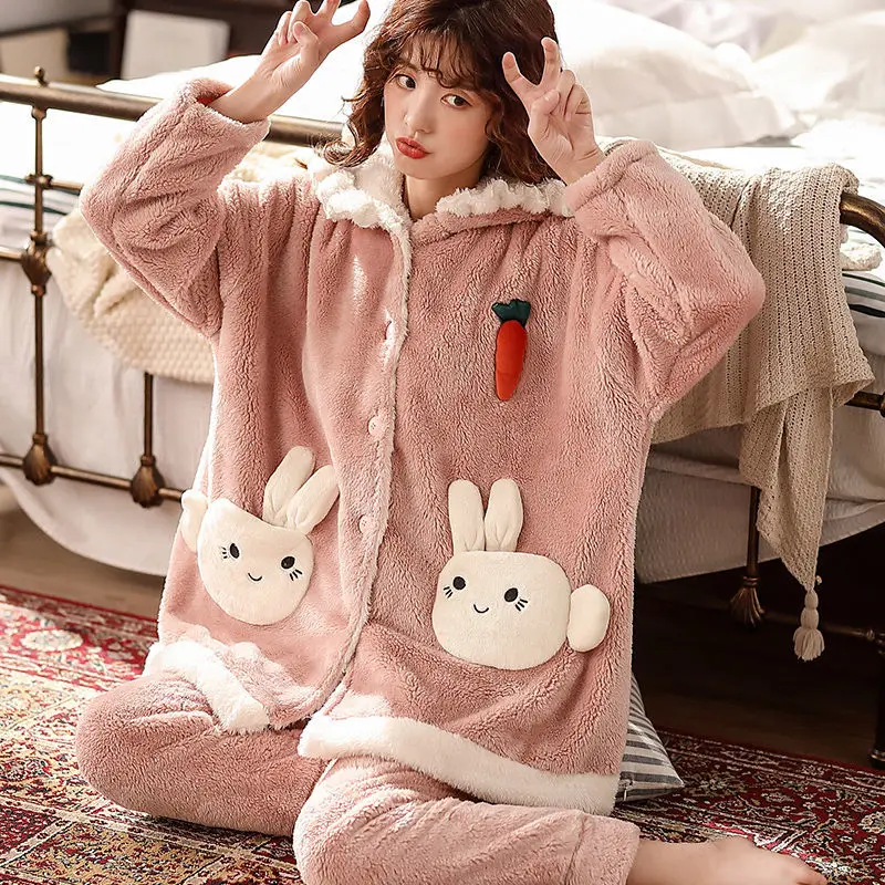 Coral Velvet Sleepwear Rabbit Ears Pajamas Women Autumn and Winter Furry Cute Plus Velvet Thickening Home Service Cute Pijamas