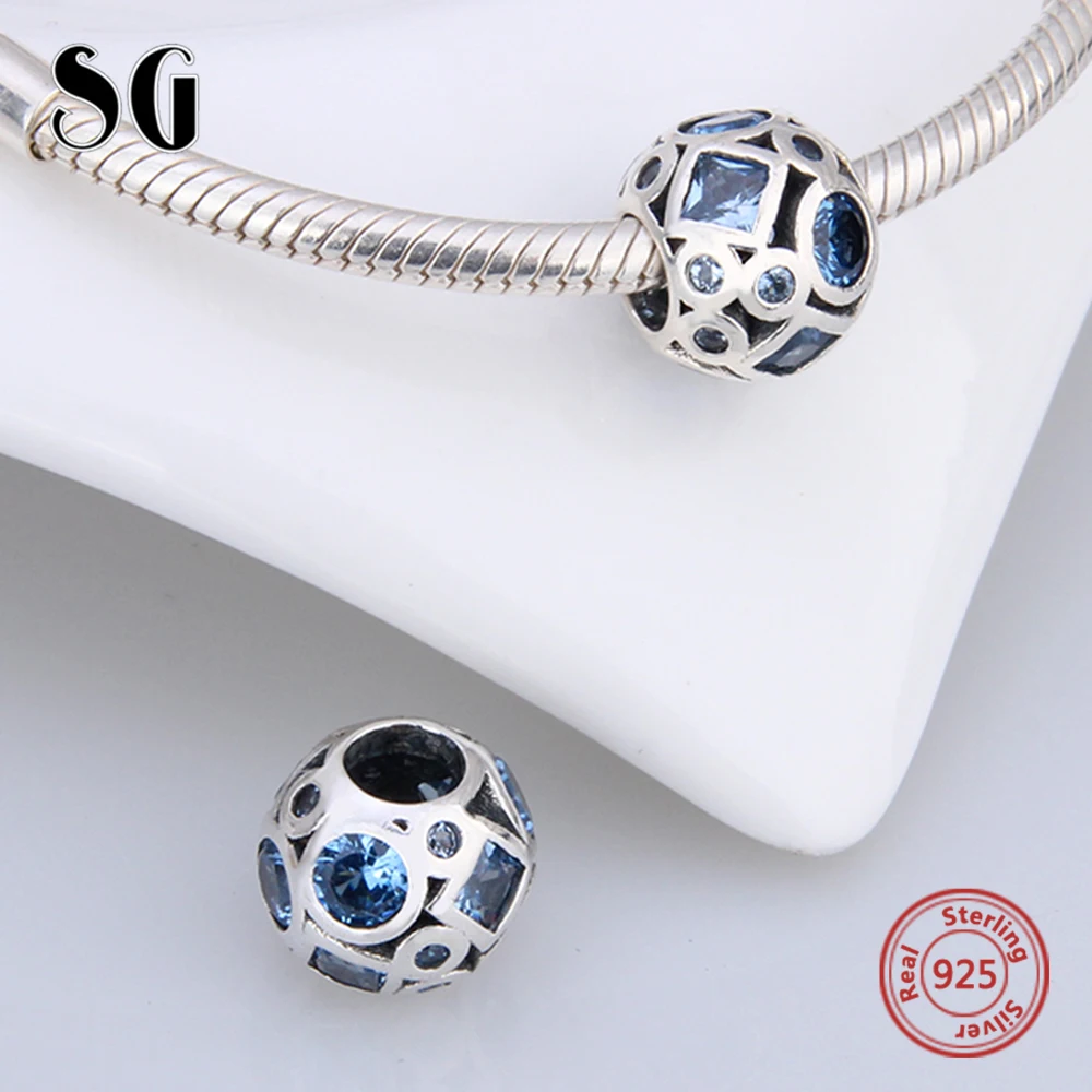 Серебряный Galaxy стерлингового серебра 925 Круглый Синий циркония Бусины подходят