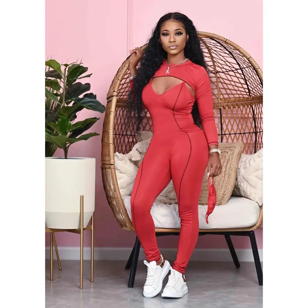 

European and American women's solid color suspender jumpsuit + small coat casual two-piece suit