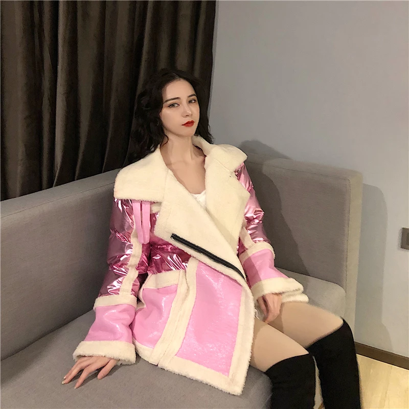 WHITNEY WANG осенне-зимняя модная уличная шерстяная куртка из искусственной кожи с подкладкой женская кожаная куртка в байкерском стиле Толстая парка пальто
