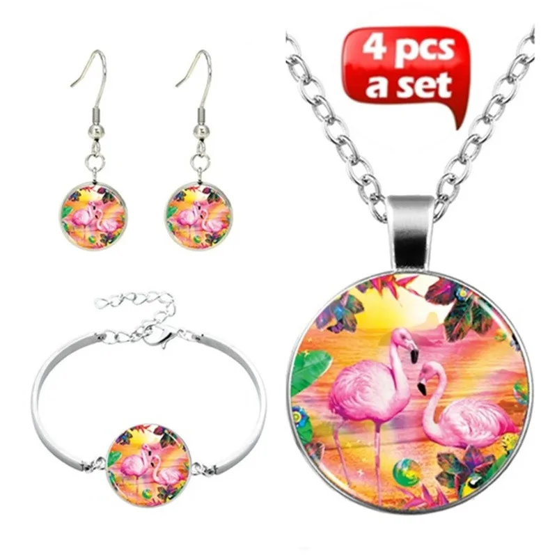 

Fashion Flamingo Art Photo Jewelry Set Cabochon Glass Pendant Necklace Earring Bracelet Totally 4 Pcs for Women's Creative Gifts