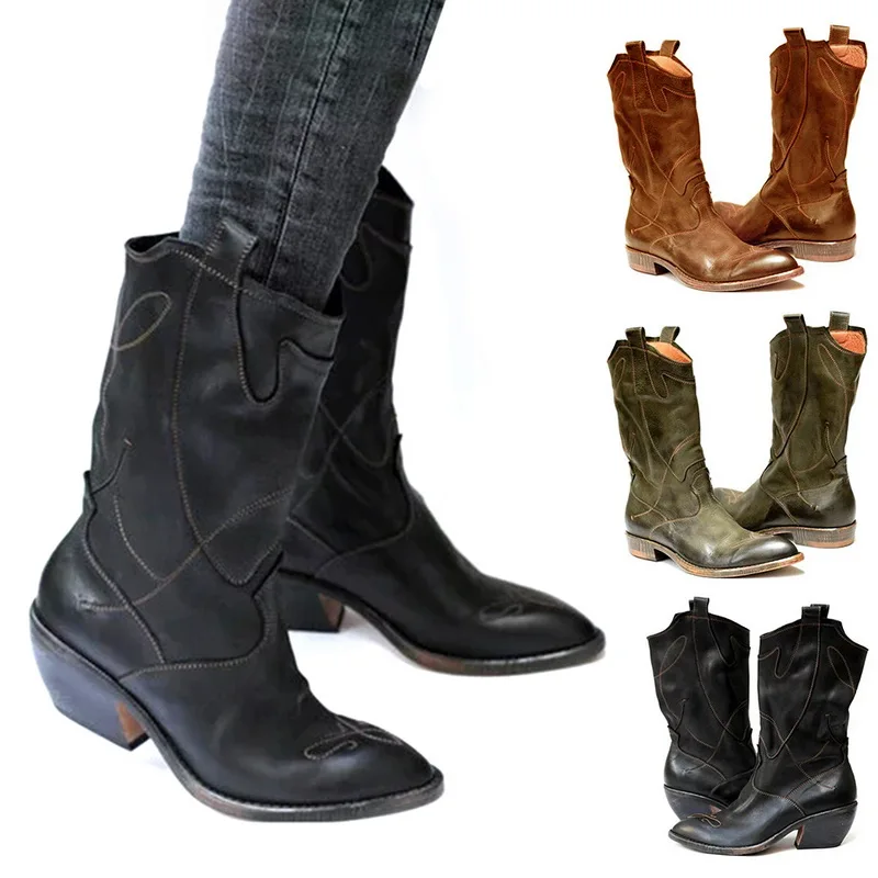 Laamei Women's Western Boots Winter Mid Tube Knight Boot Lady Retro Rome Slip-On Low Heel Leather Shoes Wide Calf Cowboy Botas