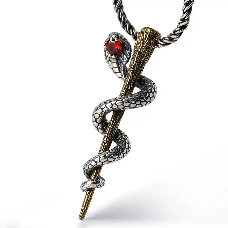 

charming Pure Silver Climbing Cobra pendant S925 Sterling Silver Snake Pendent 925 Sterling Silver Rod and cobra Pendant