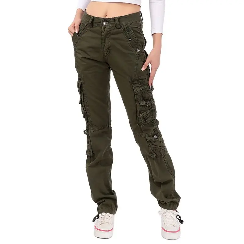 

Woman Spring Plus Size Mid Elastic Waist Pockets Straight 100% Cotton Cargo Pants Female Autumn Oversized Loose Trousers