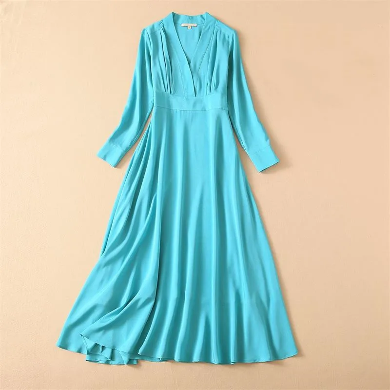 

Women Dress High Quality Spring Summer Runway V-Neck Full Sleeves Solid Elegant Dresses Party Vestidos NP1513MF