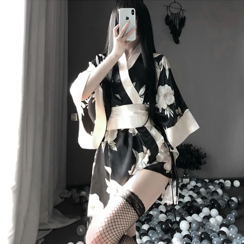 

Kimono Dress Cosplay Sexy for Women Traditional Style Dress Yukata Costumes Pajamas Soft Silk Belt 3 Piece Set Black Red