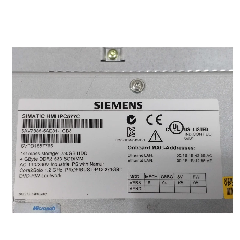 

In Stock Siemens Industrial PC SIMATIC HMI IPC577C 6AV7885-5AE31-1GB3