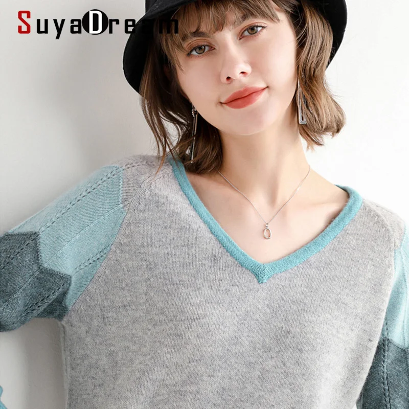 SuyaDream Women 100%Wool Sweaters 2021 Winter V Neck Loose Pullovers 2021 Fall Winter Top Pink Grey