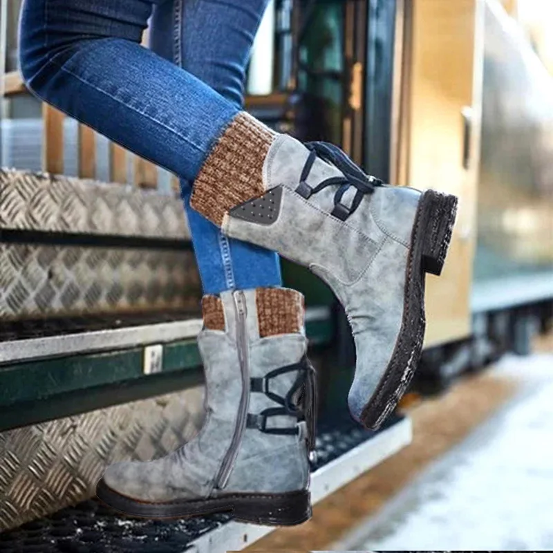 Puimentiua Winter Shoes Women Boots Basic Mid-Calf Boots Round Toe Zip Platform Decor Female Shoes Warm Lace Up Boots Shoes