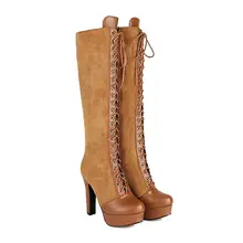 Botas hasta la rodilla con plataforma y correas cruzadas de cabeza redonda para mujer, botas de moda que combinan con todo, tacón grueso ultraalto, impermeables (4)