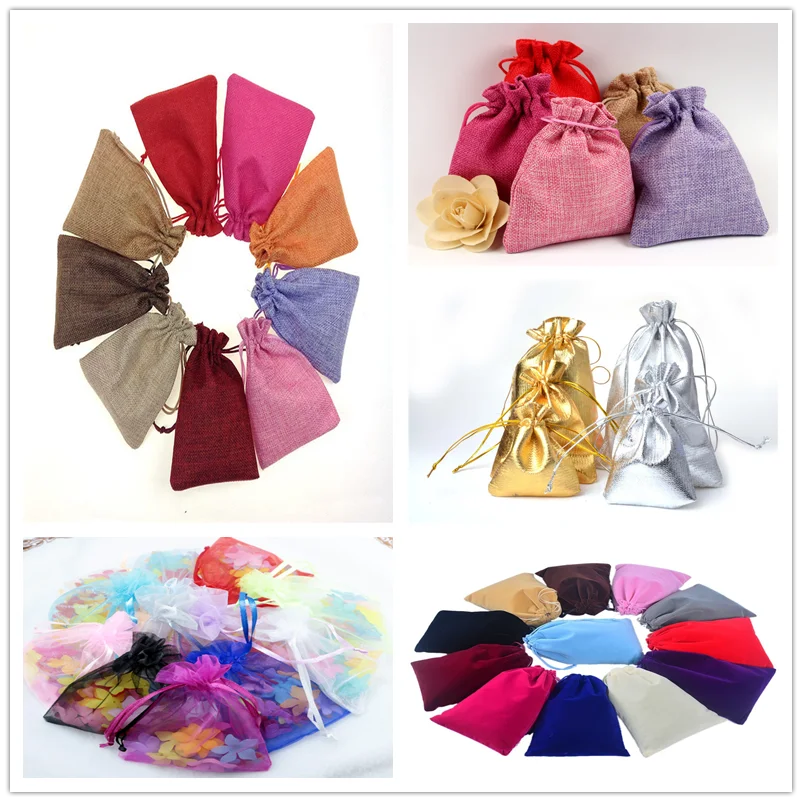 

100Pcs/Lot Multicolor Drawstring gift bag 7x9/9x12/10x14/13x18/15x20cm Jewelry Pouches wedding party Gift Display Packing Bags
