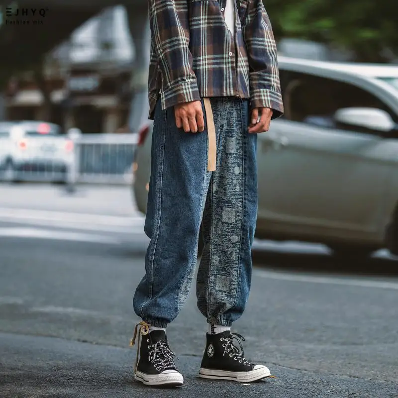 ICCLEK Retro High Street Jeans Fashion Jeans Men's Stitching Beam Foot Tooling Wide Leg Pants Mens Clothing  Wide Leg Jeans