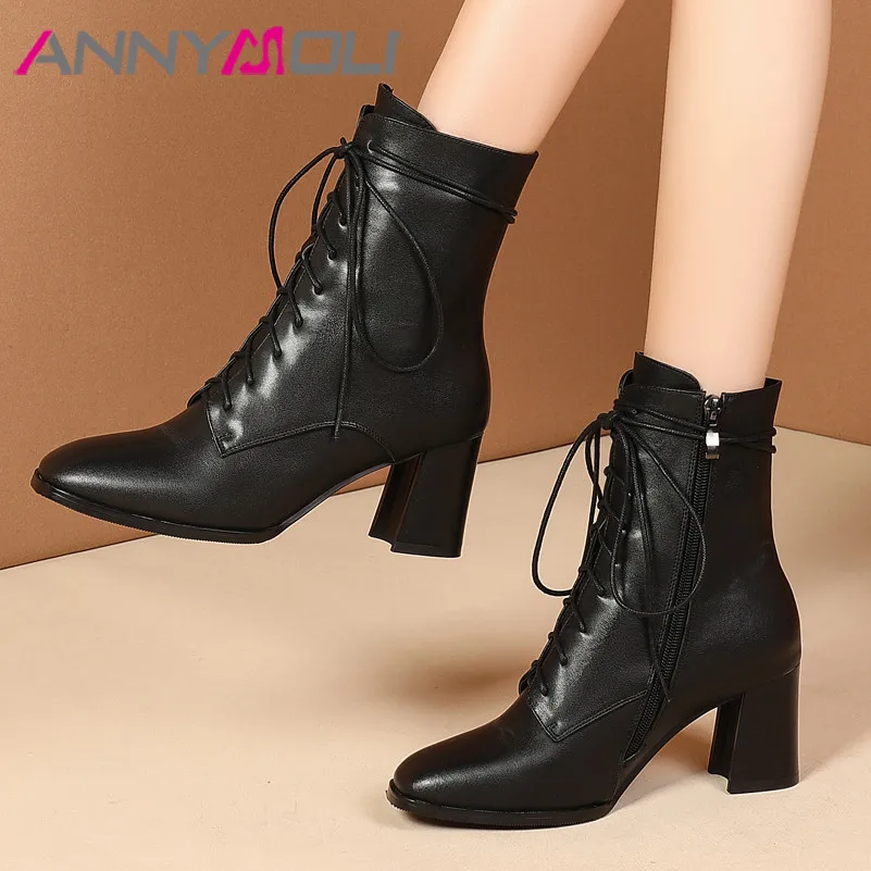 

ANNYMOLI Genuine Leather High Heel Ankle Boots Short Boots Women Shoes Square Toe Block Heels Zip Lace Up Boots Winter Black 45