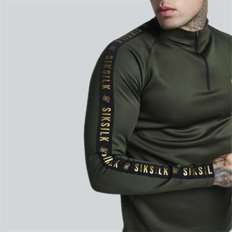 army green Новая модная мужская стрейчевая футболка, одноцветная армейская зеленая высокая эластичная молния, воротник с длинным рукавом, тонкая мужская повседневная черная футболка - Цвет: army green