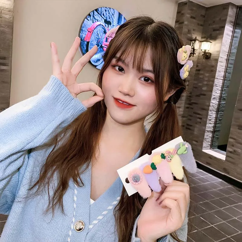 

5pcs/set Winter Colorful Flower Plush Knitting Hair Clips Kawaii Rabbit Hairpins Barrettes Headband Hair Accessories for Girls