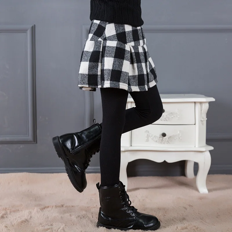 Клетчатые брюки для девочек зимние леггинсы юбка-брюки теплые плотные бархатные
