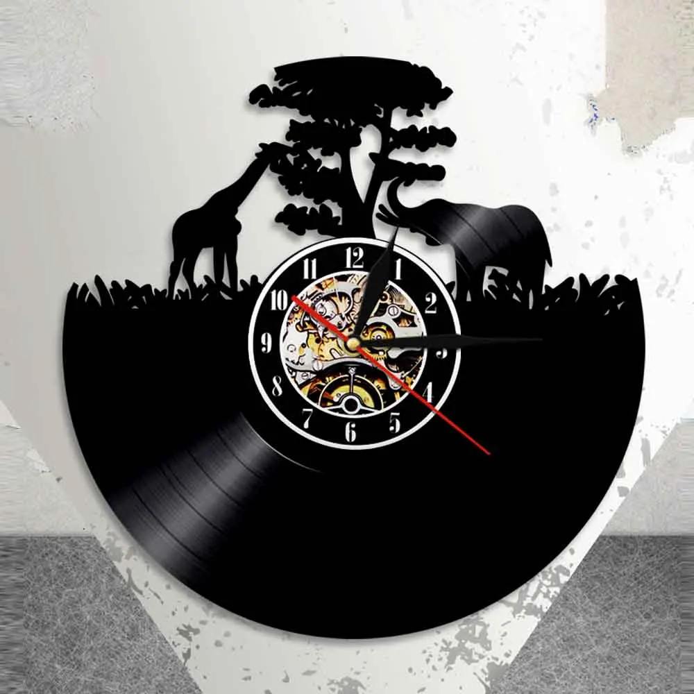 Жирафами и слон виниловых пластинок настенные часы в африканском стиле закат с