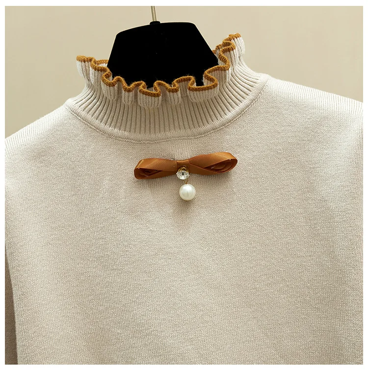 

HLBCBG Ruffled Collar Sweater Women Autumn Winter Thick Female Jumper Top Bowtie Bead Preppy Campus School Girl Sweater Pullove