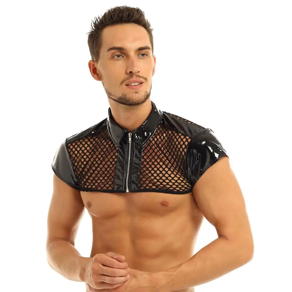 Мужская прозрачная сетчатая ажурная рубашка рукав-Кепка лакированная кожа
