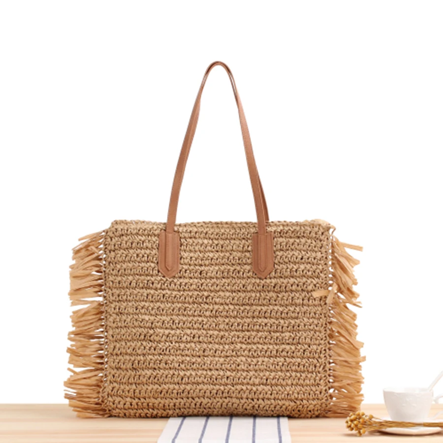 

Summer Women Handmade Rattan Bag Straw Paper Casual Beach Handbag Tassel Design Women's Bags 2021 Travel Bohemian Handbag Tote