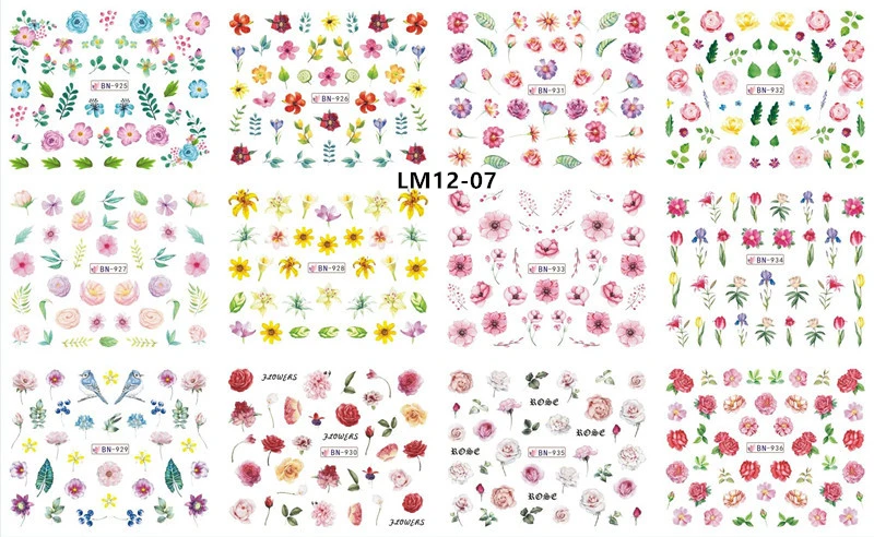 12 Designs Watermark Nail Art Decoration Water Decals Flower Flamingo Bird Rose Sticker Manicure Sliders Adhesive Tip BN913-924