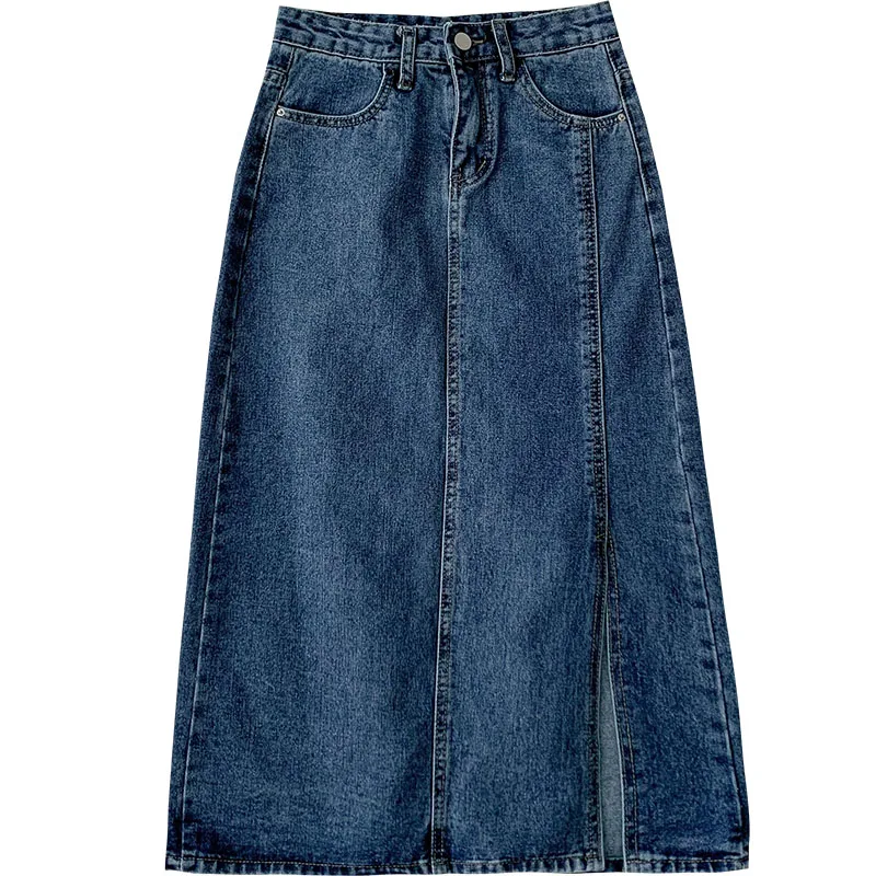 

Yeeloca Fashion Retro Blue Denim Skirt 2021 Spring New Women's A-line Mid-length Saias Korean High Waist Split Casual Skirt