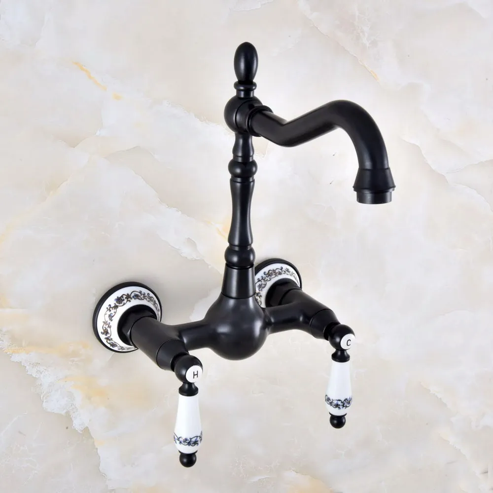 

Black Oil Rubbed Brass Double Hole Lever Handle Kitchen Bathroom Basin Faucet Sink Mixer Hot / Cold Tap Swivel Spout 360' dnf862