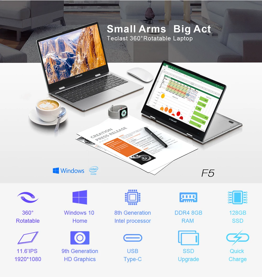 Ноутбук Teclast F5 с ОС Windows 8 ГБ ОЗУ 256 ГБ SSD Intel Gemini Lake N4100 1920*1080 Быстрая зарядка 360 Вращающийся сенсорный экран ноутбук
