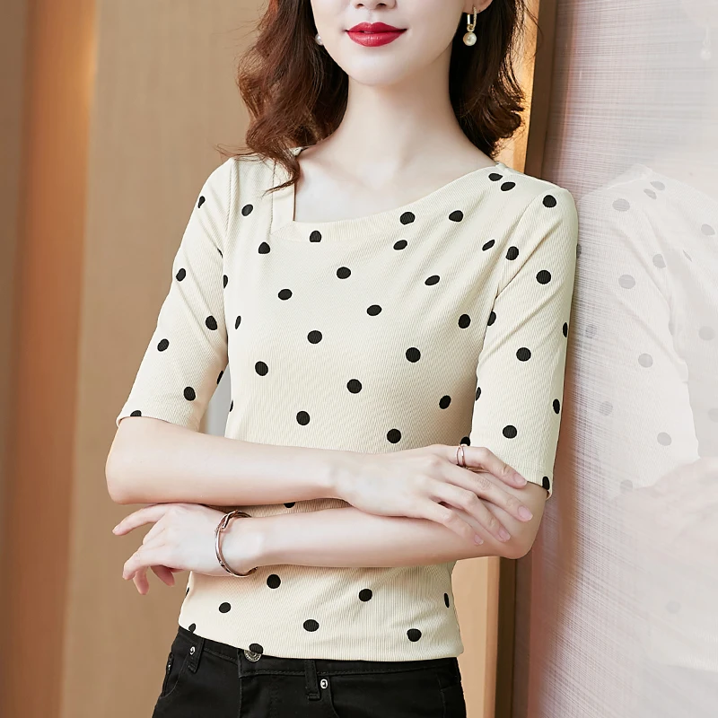 

2021 Fashion Women's Shirt Printed Dot Tops for Women Half Sleeve Apricot V-neck Slant Shoulder Woman Clothing Basic Blouses OL