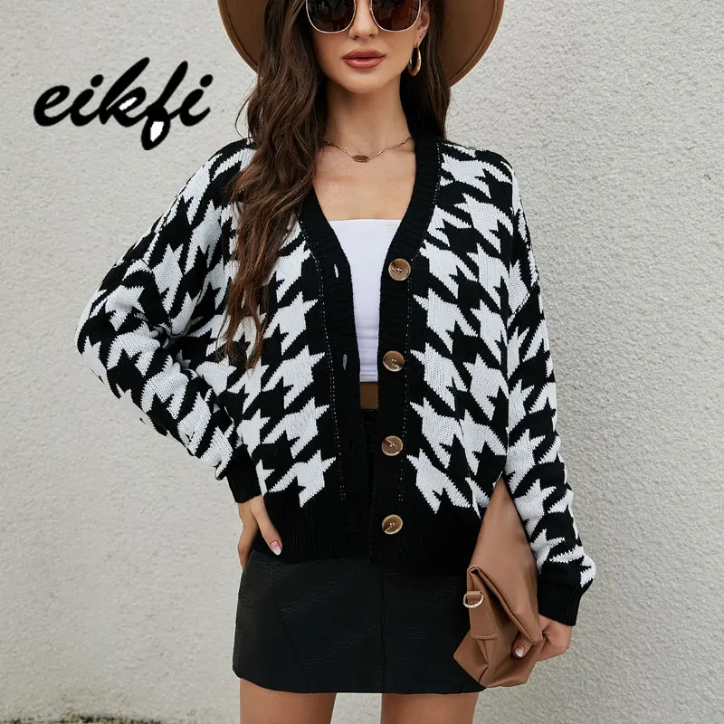 

EIKFI Women Houndstooth Cardigan Sweater 2021 Autumn Winter Office Ladies V Neck Long Sleeve Casual Loose Tops Clothing Female