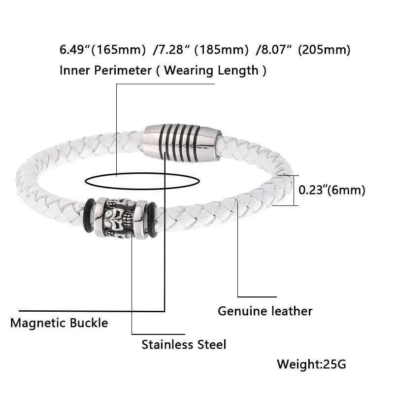 Мужской браслет с магнитной застежкой белый плетеный из натуральной кожи